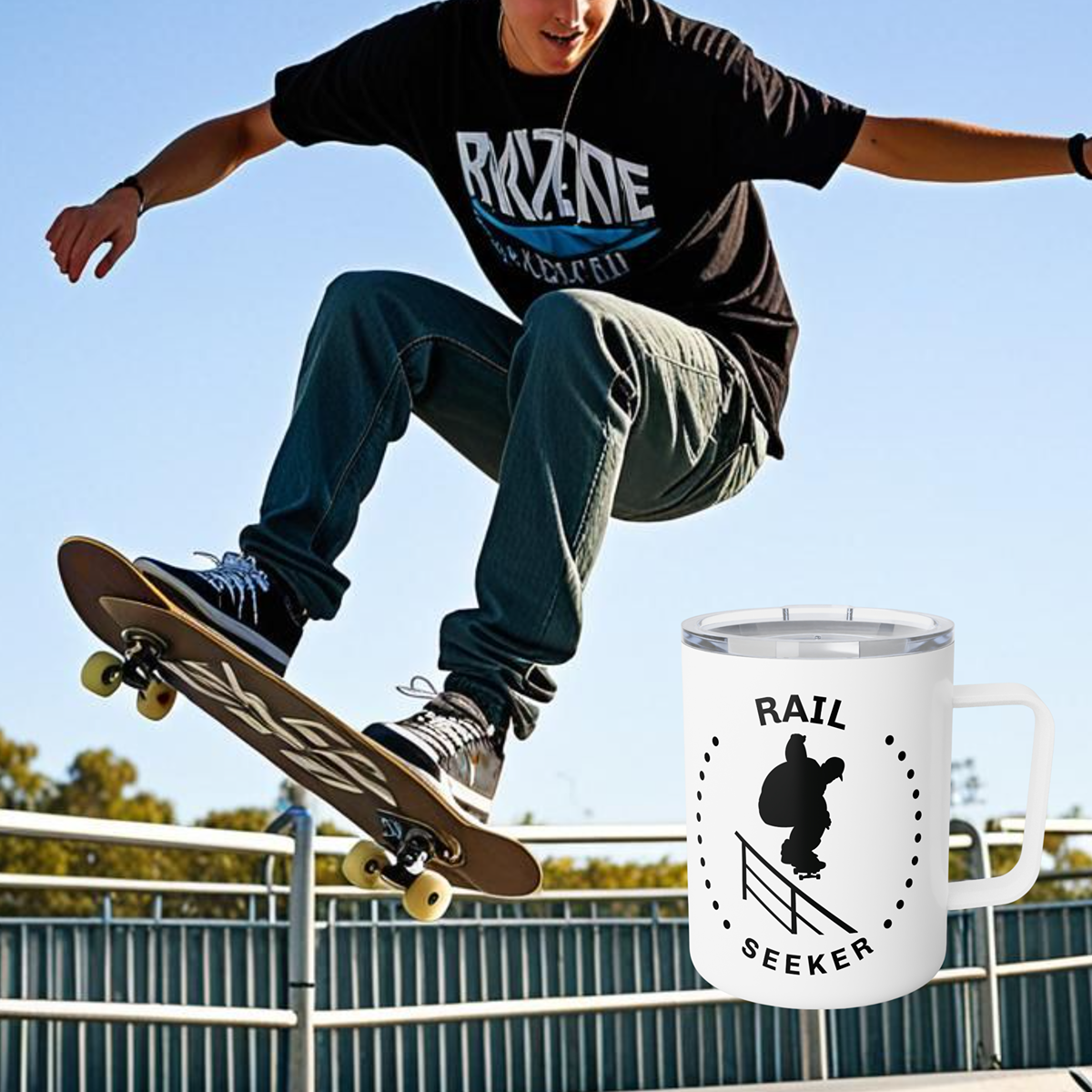 Insulated Coffee Mug - Skateboard Rail Seeker - Perfect for Skateboarding Enthusiasts