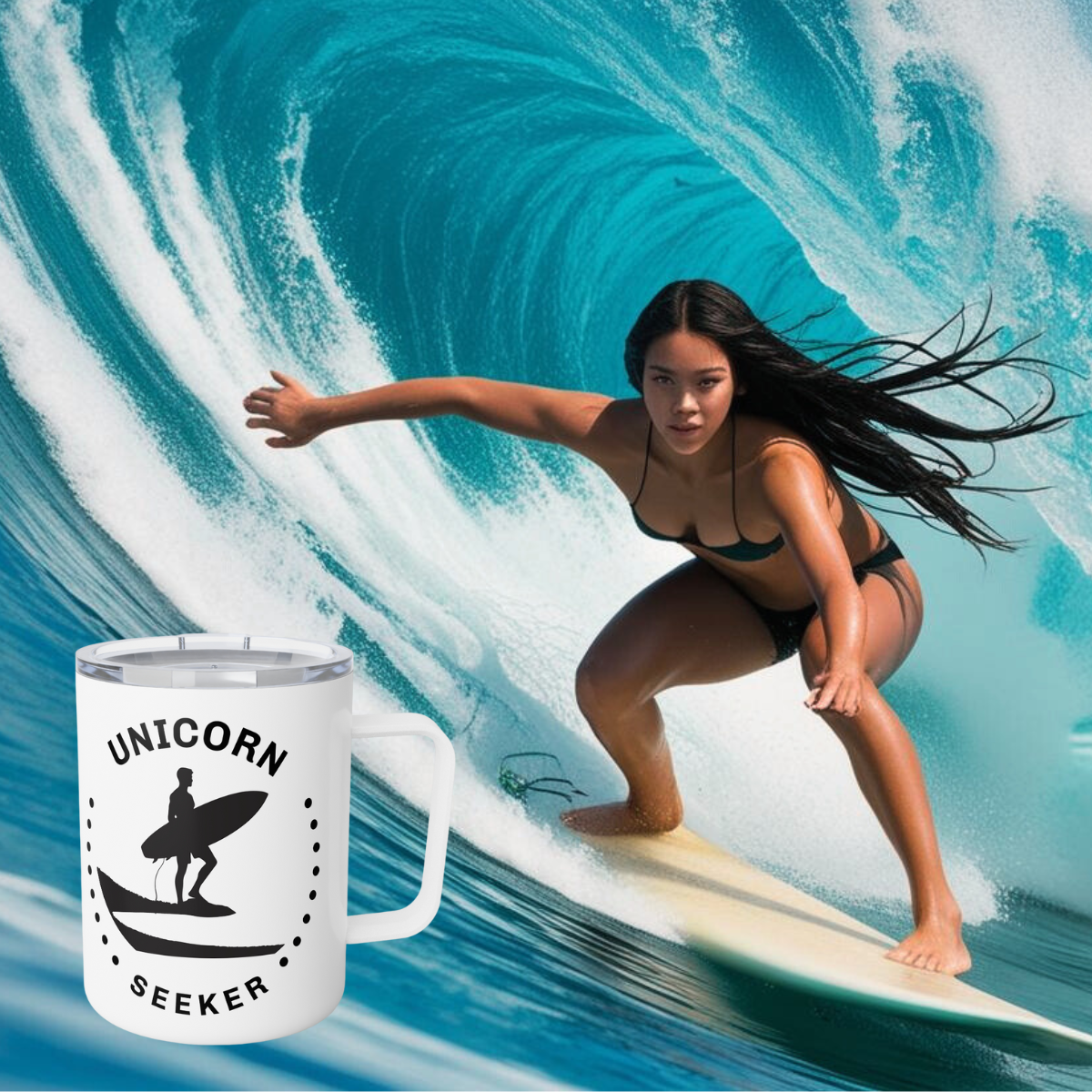 Insulated Coffee Mug - Unicorn Seeker for Surfer, Ocean Lovers and Outdoor Enthusiasts